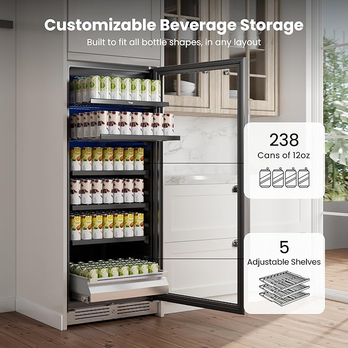 Yeego 24 Inch Beverage Refrigerator, 238 Can Built-In Beverage Cooler with Glass Door & Door Lock, Freestanding Drink Fridge with Digital Temperature Control for Soda, Beer & Wine, Kitchen or Home Bar