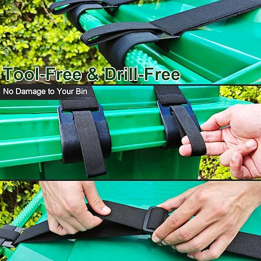 GripHandle Metal Double-Claw Trash Can Lid Lock Strap for Animals,Bungee Cord with Hooks for Trash Bin Garbage Pail,Outdoor Outside Trash Lid Holder to Keep Raccoons Out,Fits 20-96 Gallon Cans - 2Pcs