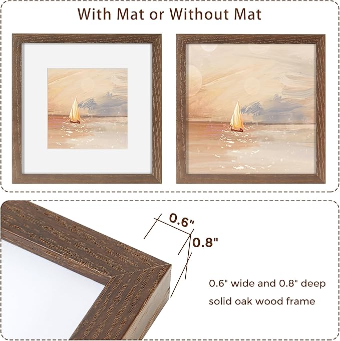 8x8 Picture Frames Set of 3, Solid Oak Wood 8”x8” Picture Frame Matted to 4”x4”,Square 8 x 8 Natural Wood Frame with Tempered Real Glass, Rustic 8x8 Photo Frame for Wall & Tabletop Display