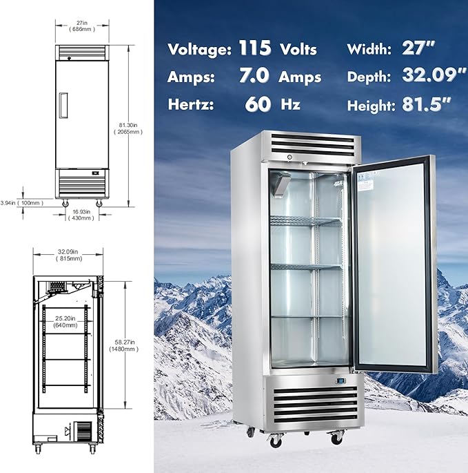 HECMAC 27" Commercial Freezer, 23 Cu.ft Reach-In Upright Fridge with Solid Door, -8 to 0℉, 18-8 Stainless Steel Interior, 3 Shelves, ETL&NSF/ANSI 7 for Restaurant, Bar, Shop, Kitchen Use