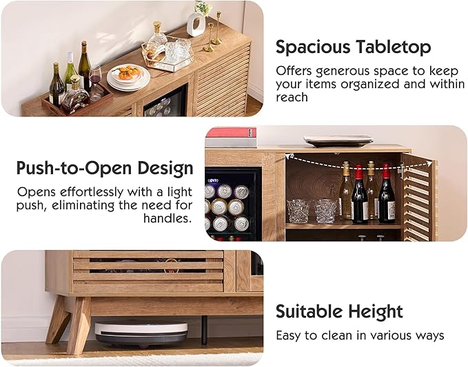60" Beverage Cooler Cabinet with Built-in Mini Fridge – 24-Can Capacity Beverage Refrigerator for Home Bar or Office – Wine & Coffee Bar Cabinet with Storage – Brown