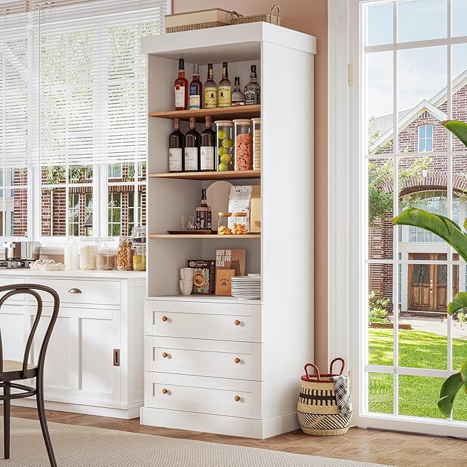 Vyre 71" Tall Farmhouse Kitchen Pantry, Large Storage Cabinets with Glass Doors, Hutch Cabinet with 3 Drawers, Adjustable Shelves for Living Room, Dining Room