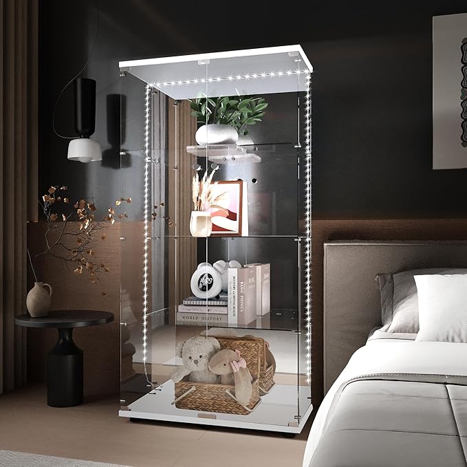 Yoluckea 4 Tiers Glass Display Cabinet with Bluetooth LED Light Strip, 2 Doors Floor Standing Curio Cabinet with Adjustable Feet and Mirror Back Panel, White Glass Bookshelf for Collections, Wood Top