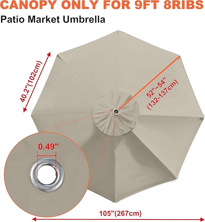 EliteShade USA 9ft Replacement Covers 8 Ribs Market Patio Umbrella Canopy Cover (CANOPY ONLY) (Beige)