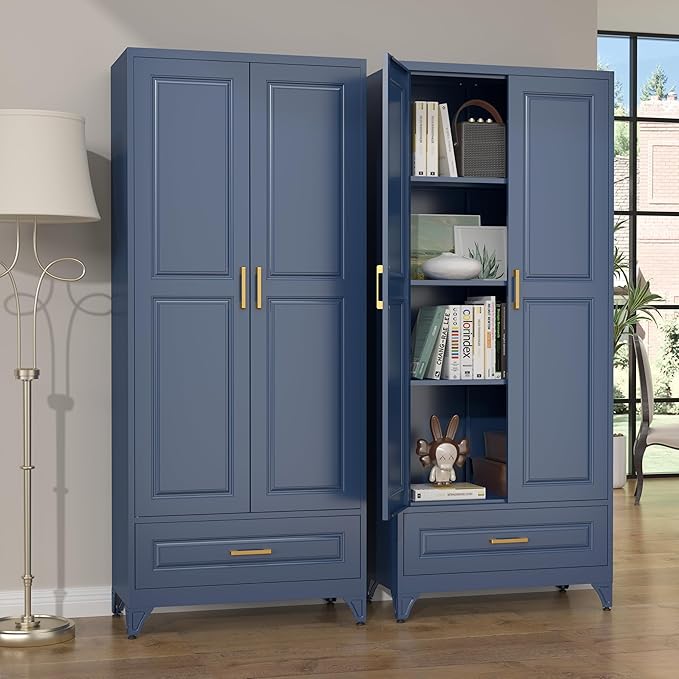 75" Kitchen Pantry Cabinet with Drawer, Metal Storage Cabinets with Doors and 4 Adjustable Shelves,Blue Kitchen Cabinet with 2 Gold Handles,Food Cupboard for Livingroom,Pantry, Bathroom