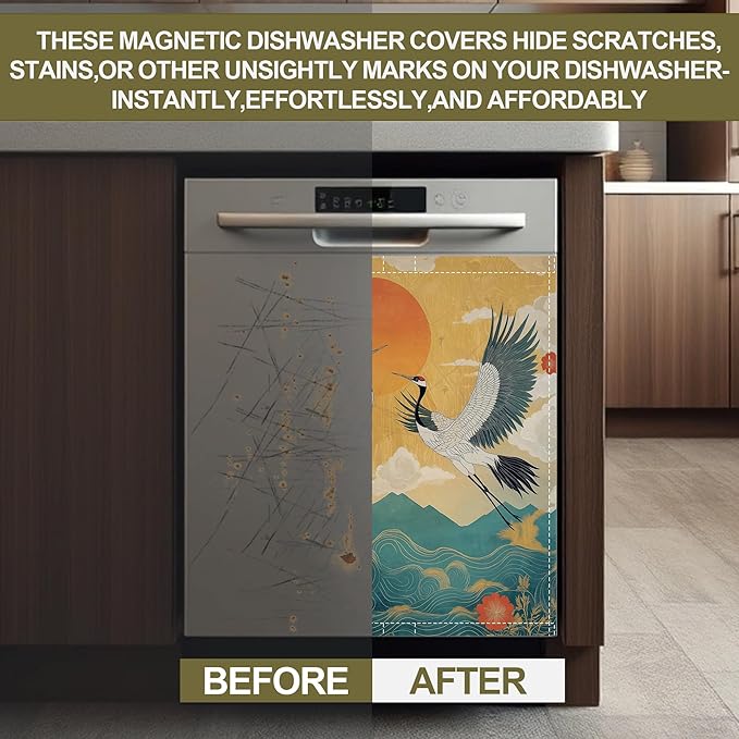 Dishwasher Magnet Cover,Two Cranes Dishwasher Cover Magnetic Sea Waves Home Appliances Refrigerator Decorative 23" x 26"