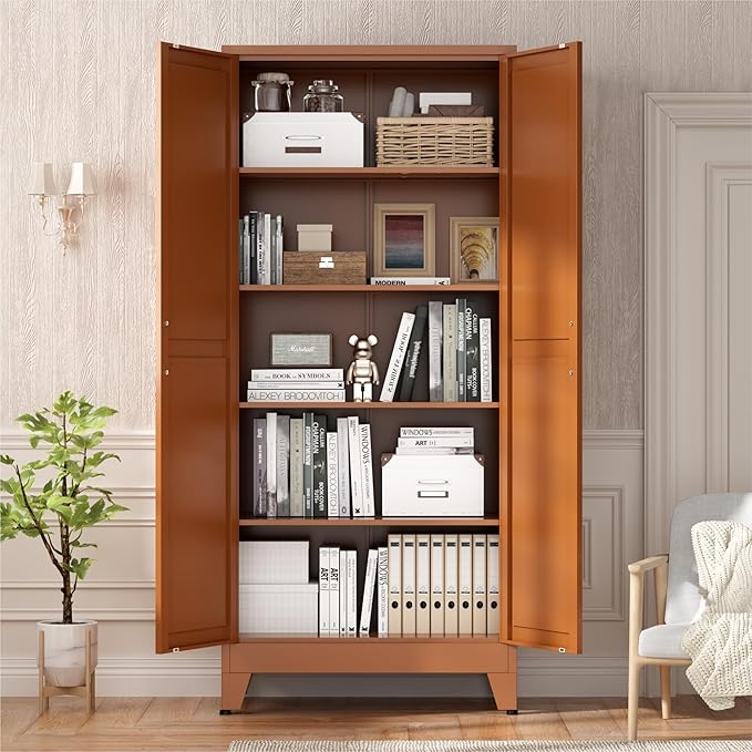 Brown Metal Storage Cabinet,71" Tall Farmhouse Storage Cabinets with 2 Morden Rhombus Doors and 4 Adjustable Shelves, Rustic Freestanding Cupboard for Kitchen,Home Office Living Room,Dining Room