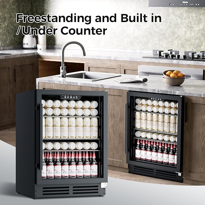 Coolake 24 Inch Wide Under Counter Beverage Refrigerator, 180 Can Capacity Beverage Cooler with Glass Door, Built in or Freestanding, Drink Fridge for Basement, Kitchen, Office