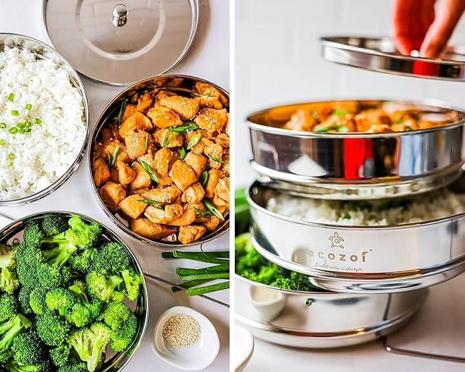 ecozoi Instant Pot Stackable Insert Pans for 6 & 8 Quart, 3 Tier Steamer Insert Pans for Instant Pot Pressure Cooker, Pot in Pot for Baking, Steaming & Casseroles, 2 Interchangeable Lids and Sling