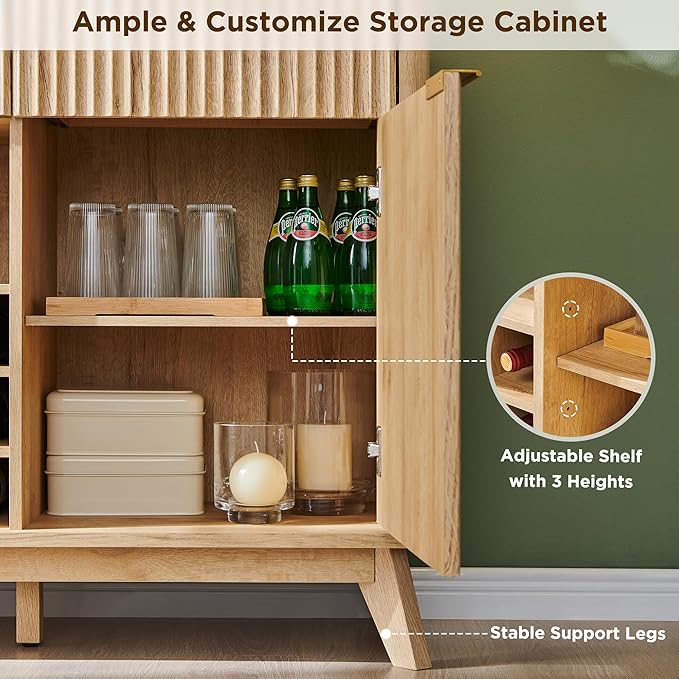 OKD 60" Fluted Buffet Cabinet with Storage - 3 Drawers and 2 Doors, Mordern Wine & Coffee Bar Cabinet with Wine and Glass Racks, Sideboard with Adjustable Shelves for Kitchen, Dining Room,Natural Oak | for Liquor, w/Wine & Glass Rack, 3 Storage Drawers...