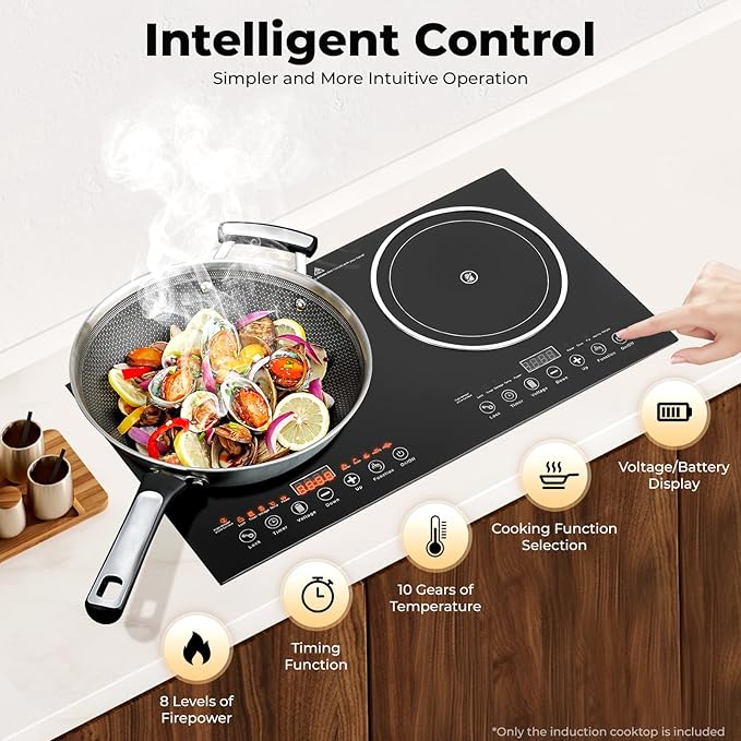 Double Induction Cooktop, 1200W+1200W Electric Cooktop with LED Display and Timer, Built-in and Countertop Stove Top for 4.72-9.65 inches Diameter for Home Kitchen, Flat, Restaurant
