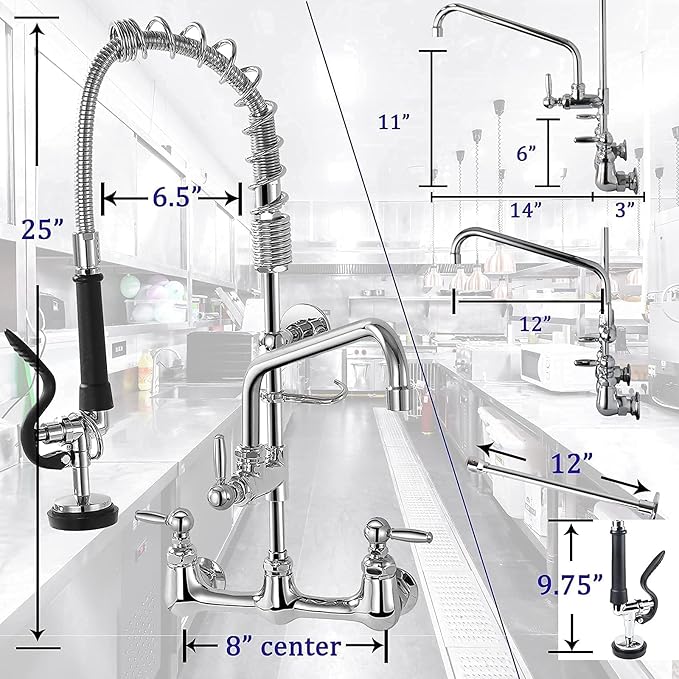 Commercial Sink Faucet with Sprayer, Wall Mount, 12' Swing Spout, 8 Adjustable Center, 25' Height for Restaurant Compartment Sink, Industrial, Chrome