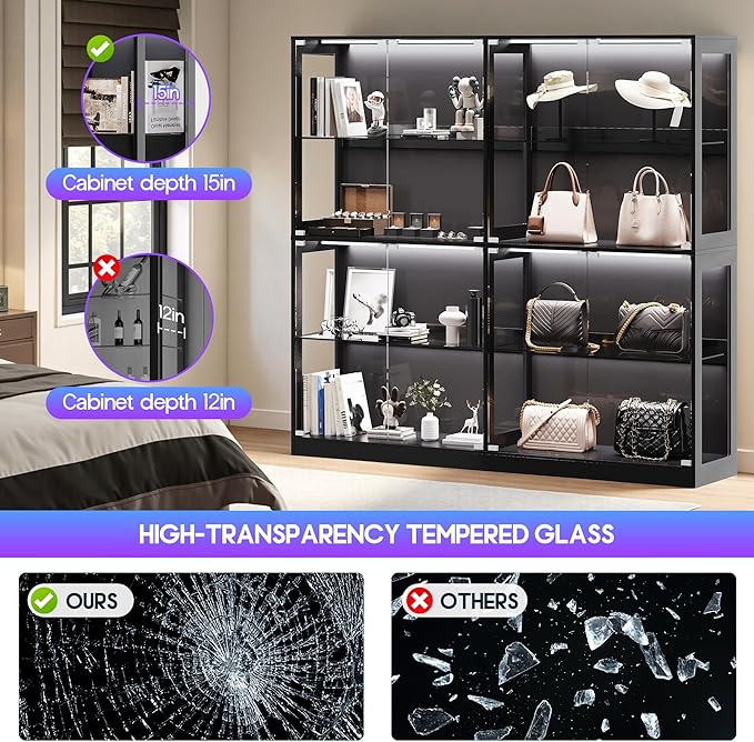 AMERLIFE RGB Display Cabinet with Adjustable Glass Shelves, 4-Tier Storage Case with LED Lights & Press-to-Open Doors, Modern Display Shelf for Collectibles, 70" H×75" L×16" D
