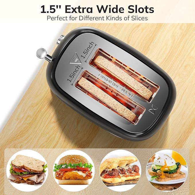 2 Slice Retro Stainless Steel Toaster with Bagel, Cancel, Defrost Function and 6 Bread Shade Settings Bread Toaster, Extra Wide Slot and Removable Crumb Tray (Black)