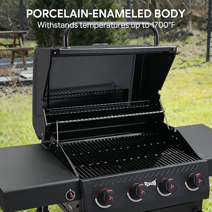 4 Burner Gas Grill, 36,000 BTU Outdoor BBQ Grill with Side Table for Outdoor Cooking & Backyard Barbecue, Premium Enameled Coated Chamber Body with Porcelain-Enameled Grates, Black