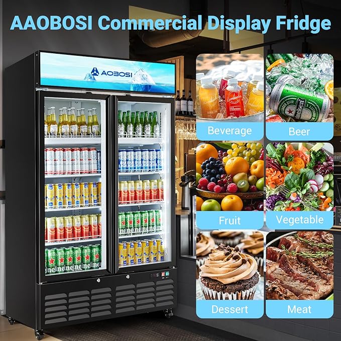 AAOBOSI 44”Commercial Merchandiser Refrigerator,27.02 Cu.Ft Glass Door Display Refrigerator,Upright Beverage Fridge with Soft LED Light,Customizable Lightbox,Universal Casters,Adjustable Shelves