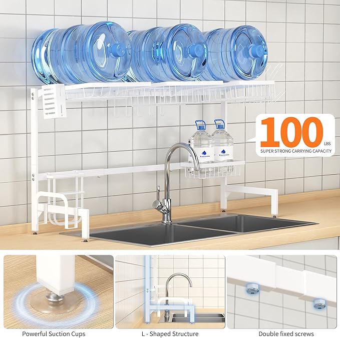 HOTEAGLE Over The Sink Dish Drying Rack 2 Tier Large Extensible Dish Drainer Rack Kitchen Sink Organizer, 25.6"-39.4" L x 12.4" W x 20.5" H, White