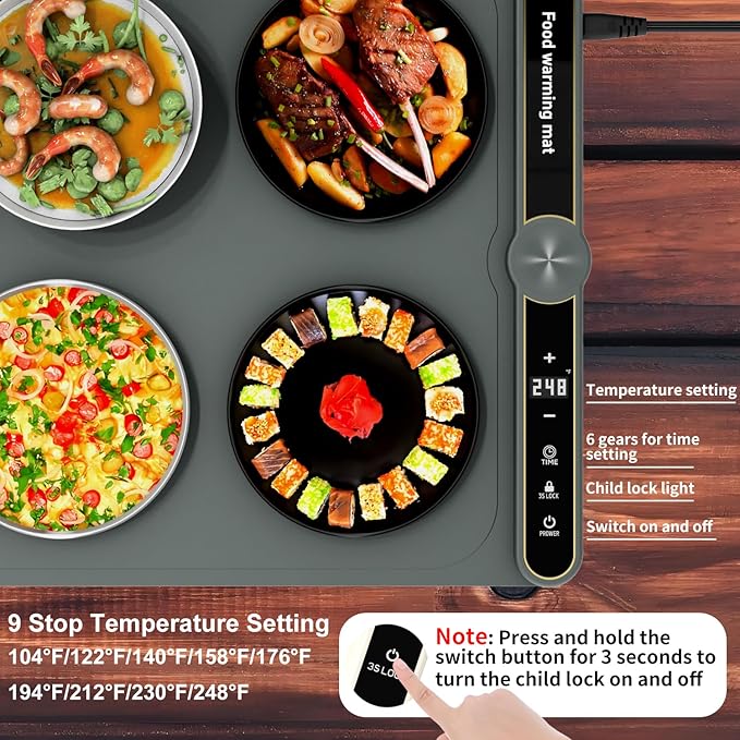 LYSXP 2025 Food Warming Mat, 15x23.6Inch 9-Level Temperature Adjustment, Multi-Functional Food Heater for Parties and Daily Use (Grey)