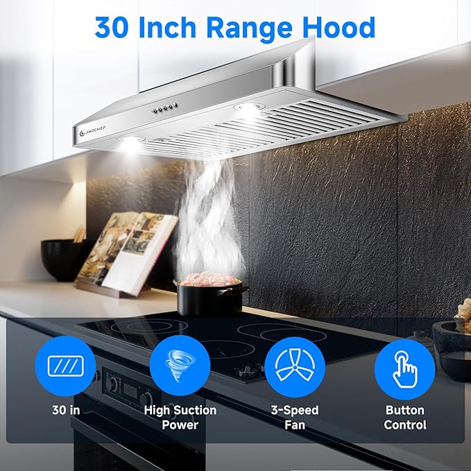 AMZCHEF Under Cabinet Range Hood 30 Inch, 750CFM Stainless Steel Kitchen Stove Vent Hood 3 Speed Exhaust Fan Button Control LED lights Dishwasher-Safe Baffle Filters Three Outlet Design