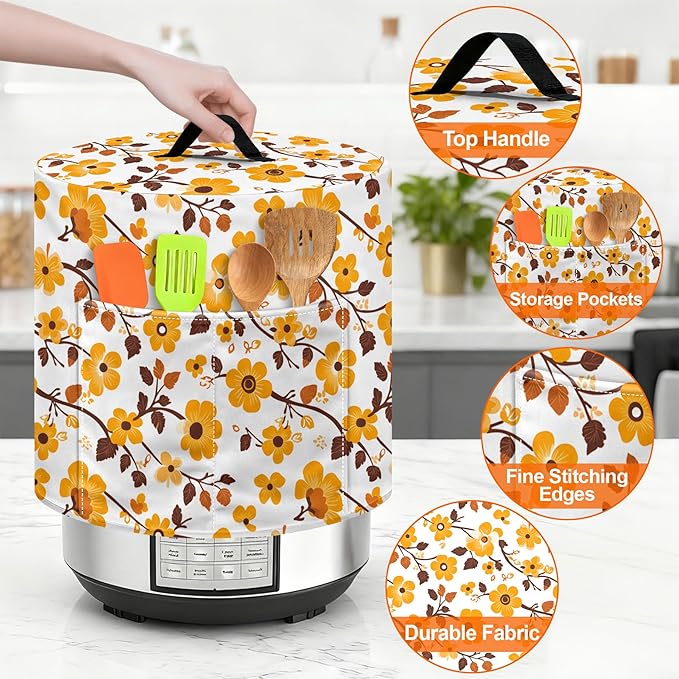 Kitchen Appliance Accessories Dust Cover for 3-6-8 Quart Instant Pot, Pressure Cooker, Air Fryer & Crock Pot,Decorative Appliance Cloth Cover with Top Handle & Storage Pockets (Orange, 8 Quart)
