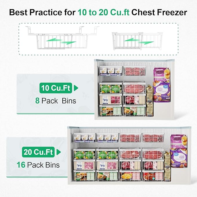 iSPECLE Freezer Organizer Bins for 10 to 20 Cu.Ft, 2 Pack Expandable Hanging Baskets Fit 17.5"-22.6" Width, Metal Wire Storage Racks for Deep Freeze, Not for Upright, White
