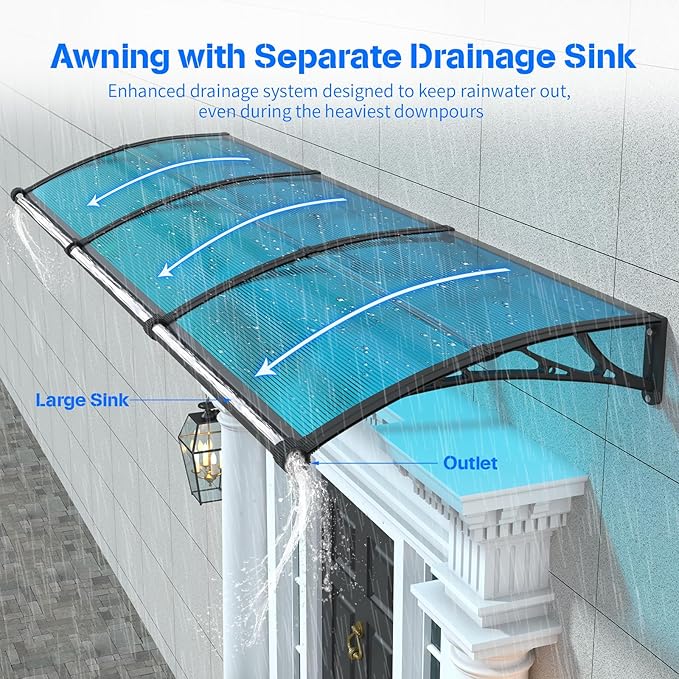 Awning for Door Entrance with Drainage Sink,32ｘ40 Inch Awnings for Doors,Window Canopy Exterior with Plastic Steel Bracket,Polycarbonate Cover,UV,Rain,Snow Protection for House,Porch,Patio,Deck