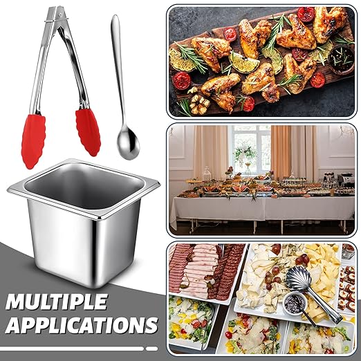 Rtteri 22 Pcs 1/6 Size 6 Inch Deep Stainless Steel Hotel Pans Set: 16 Metal Buffet Steam Table Pans with 2 Tongs & 4 Spoons – Stackable & Anti Jam, Commercial Restaurant Catering Kitchen Food Prep