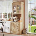 71" Tall Farmhouse Kitchen Pantry, Large Storage Cabinet with Glass Doors, Freestanding Coffee Bar Hutch with Microwave Stand, Adjustable Shelves for Kitchen, Living Room, Brown