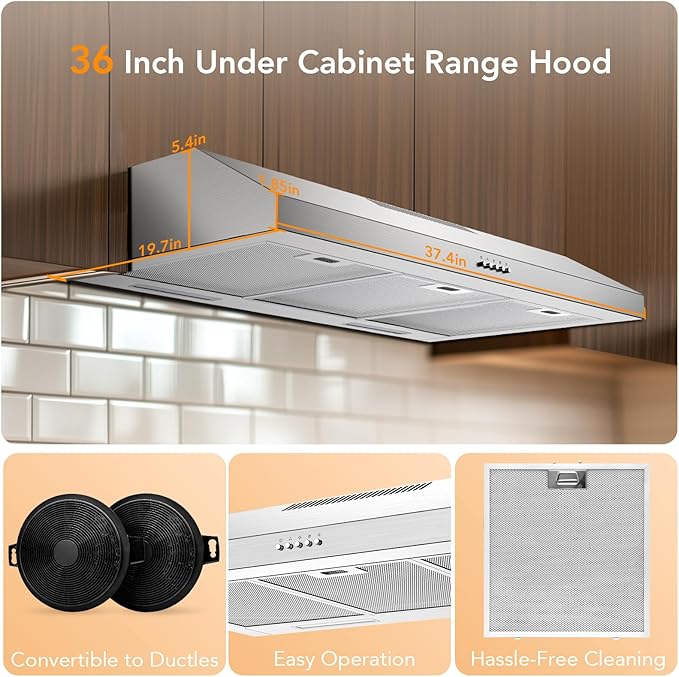 Range Hood 36 Inch Under Cabinet, 600 CFM Ducted/Ductless Vent Hood for Kitchen with Wide Coverage, Stove Vent with Bright LED Lights, Reusable Filters and 3 Speed Exhaust Fan