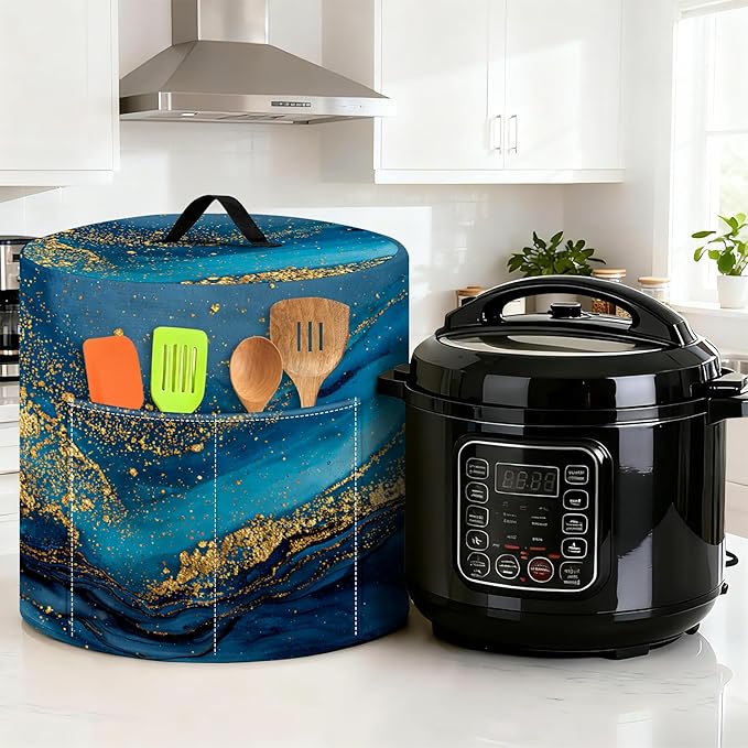 Kitchen Appliance Accessories Dust Cover for 3-6-8 Quart Instant Pot, Pressure Cooker, Air Fryer & Crock Pot,Decorative Appliance Cloth Cover with Top Handle & Storage Pockets (Deep Blue, 6 Quart)