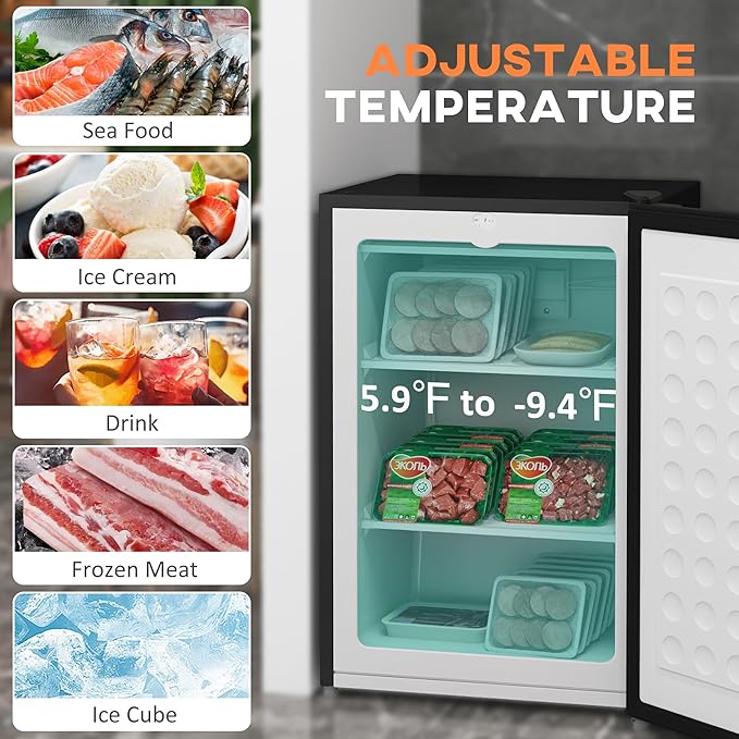 HOMCOM Mini Freezer Countertop, 3 Cu.Ft Compact Upright Freezer with Removable Shelves, Reversible Door for Home, Dorm, Apartment and Office, Black