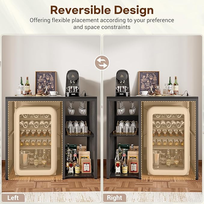 Homieasy Mini Fridge Cabinet Stand with Power Outlet, Coffee Bar Cabinet with Mini Fridge Space, Bar Stand with Microwave Shelf with Wine Rack for Kitchen, Dorm, Black