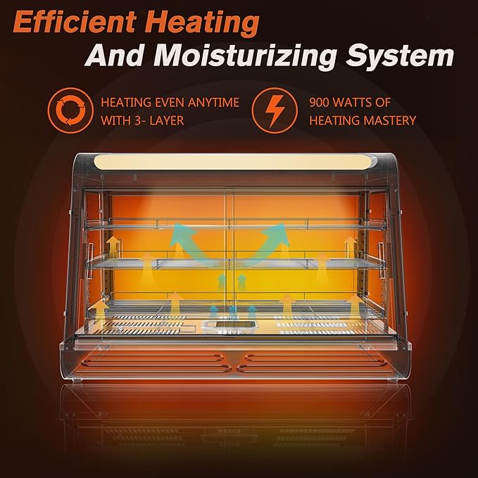 35inch 3-Tier Commercial Food Warmer with Top Rack for Milk Juice, Countertop Heat Holding Cabinet Display Case for Pizza/Pretzel, Three Color Lighting, w/Thermometer for Cafeteria Kitchen Restaurant