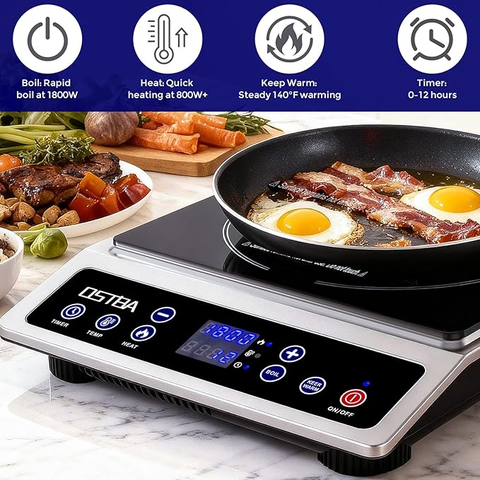 OSTBA 1800W Commercial Induction Cooktop, 10" Heating Coil Countertop Induction Burner, 10 Power Levels & 120–460°F Temperature Control, 12H Timer, Keep Warm, ETL Certified