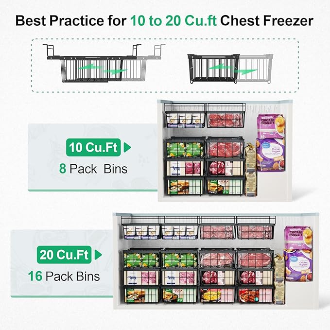 iSPECLE Freezer Organizer Bins for 10 to 20 Cu.Ft, 2 Pack Expandable Hanging Baskets Fit 17.5"-22.6" Width, Metal Wire Storage Racks for Deep Freeze, Not for Upright, Black