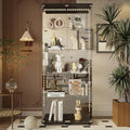 Yoluckea 5 Tiers Glass Display Cabinet with Bluetooth LED Light Strip, 2 Doors Floor Standing Curio Cabinet with Universal Wheel and Mirror Back Panel, Black Glass Bookshelf for Collections, Wood Top