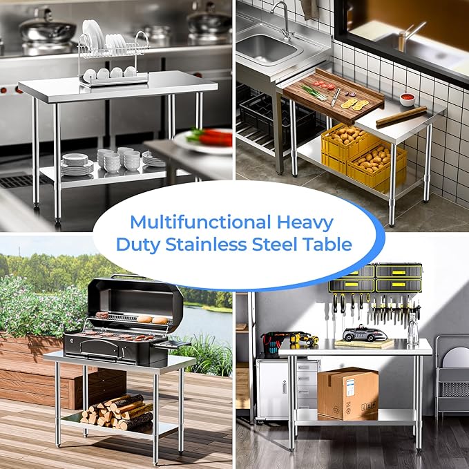 NUUK Stainless Steel Work Table 24" x 48", Commercial Kitchen Food Prep Table with Adjustable Height, Utility Worktable Metal Countertop Work Station for Restaurant, Home and Hotel
