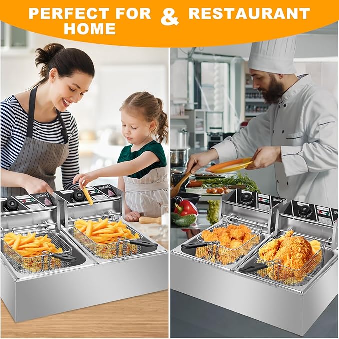 22.8QT/21.6L Commercial Deep Fryer with Basket and Lid, 5000W Electric Fryer, Countertop Oil Fryer for French Fries, Onion Rings, Donuts, Temperature Adjustable 140-392℉, Stainless Steel Double Tank
