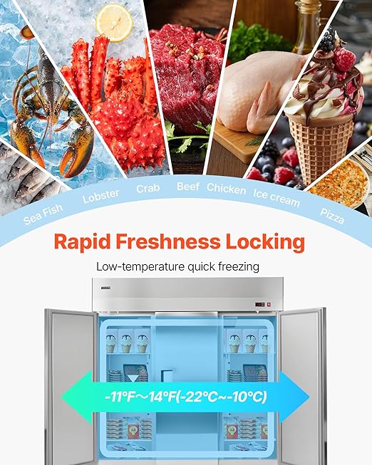 VEVOR Commercial Reach-In Freezer 72" W, 52 Cu.Ft Stainless Steel Upright Freezer with Three Doors, Auto-Defrost, 12 Adjustable Shelves, -11 to 14℉ Temp Control, UL Certified
