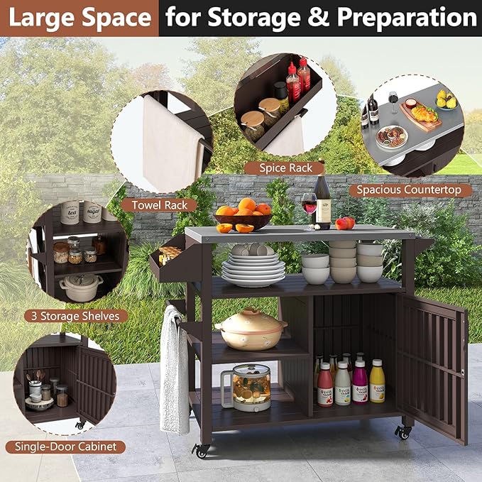 Giantex Outdoor Grill Cart with Storage Cabinet & Shelves, Patio Kitchen Island Table with Stainless Steel Top, Spice & Towel Rack, Movable Pizza Oven Stand on Wheels, Rolling Bar Cart BBQ Prep Table