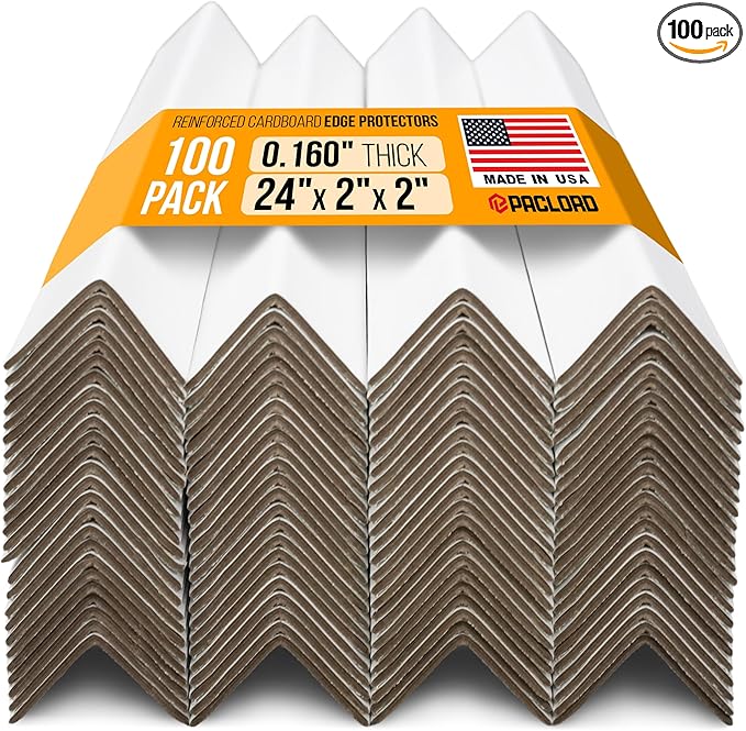 24" x 2" x 2" Reinforced Cardboard Edge Protectors, White (Pack of 100) – 0.16" Thick Heavy-Duty Cardboard Corner Protectors for Shipping – American Quality V-Board Pallet Edge Guard