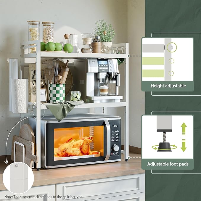 NETEL Expandable Microwave Stand,3 Tier Metal Kitchen Countertop Organizer Shelves with Paper Towel and Chopping Board Holder,Microwave Shelf,Microwave Oven Rack,110lbs Weight Capacity,White