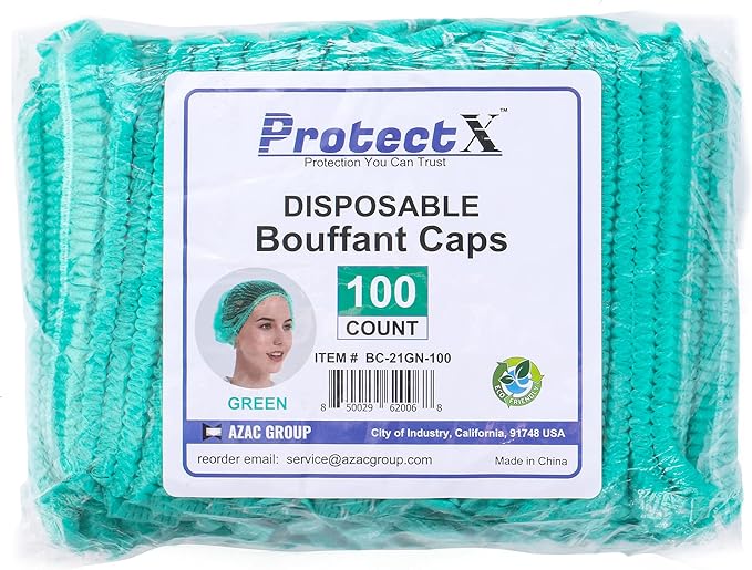 ProtectX 100-Pack Green Disposable Hair Nets, Elastic Head Cover, Bouffant Caps, Sanitation Head Cover for Food Service, Spa Men & Women - 21 inch
