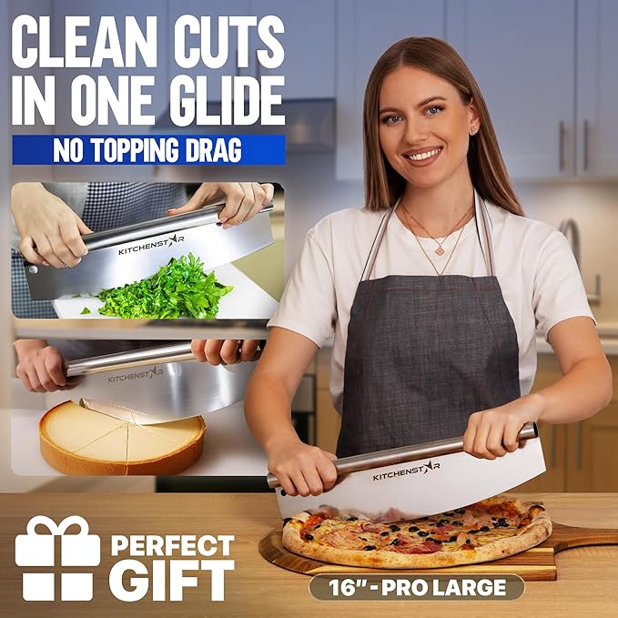 KitchenStar 16-Inch Pizza Cutter Rocker Blade - Sharp Stainless Steel Slicer Knife, Protective Cover, Dishwasher Safe, Large - Professional Pizza Oven Accessories