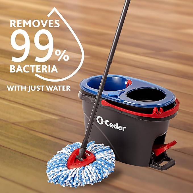 O-Cedar RinseClean Spin Mop & Bucket System + 2 Extra Mop Heads| Clean with Water | Removes 99% of Bacteria Plastic