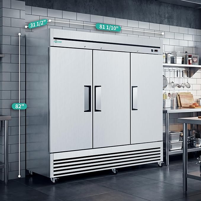COOLCHEF 81"Commercial Freezer, 72 Cu.Ft Triple-Door Stainless Steel Reach-In Freezer, -8~0℉, Air Cooling, 9 Shelves, R290