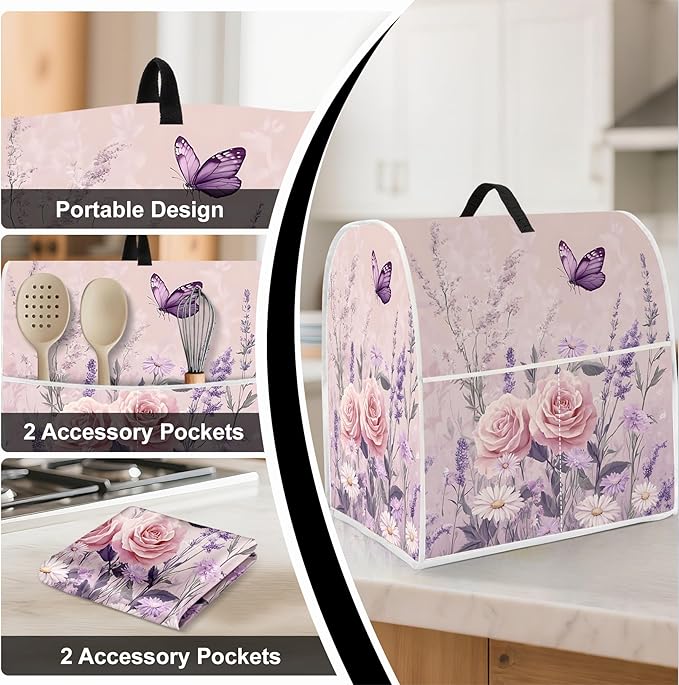 Stand mixer cover with handle and storage bag, reusable and washable, stylish retro floral design, keeps kitchen countertops clean and tidy (fits 6-8 quart mixers).