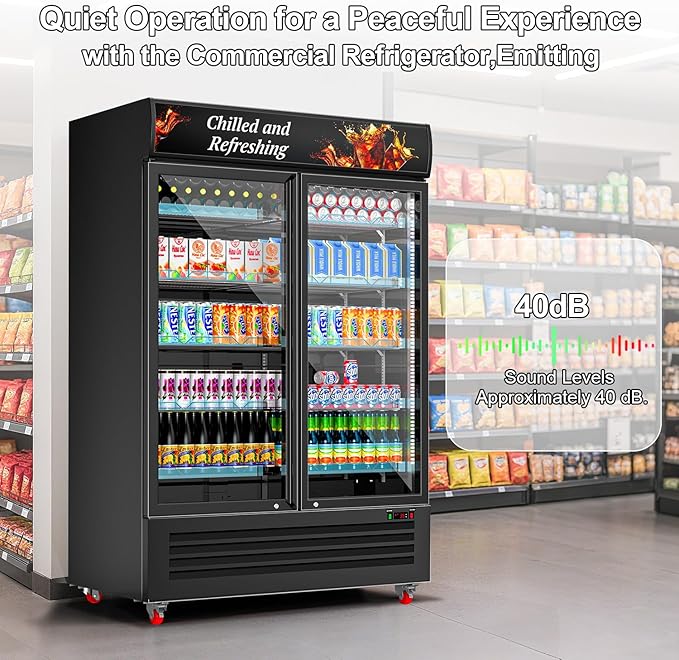 Tylza Commercial Refrigerator, Double Glass Door Display Beverage Fridge, 26.49 Cu Ft Upright Beverage Cooler Merchandiser with Replaceable Advertising Light Board, Rebound Door, Fast Cooling, Black