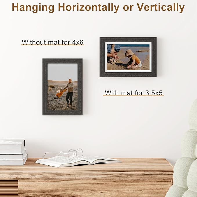 Vittanly 4x6 Picture Frame, Solid Wood Frame with Plexiglass, Includes 3.5x5 Mat, Wall Hanging or Tabletop for Home Decor, Black, 1 Pack