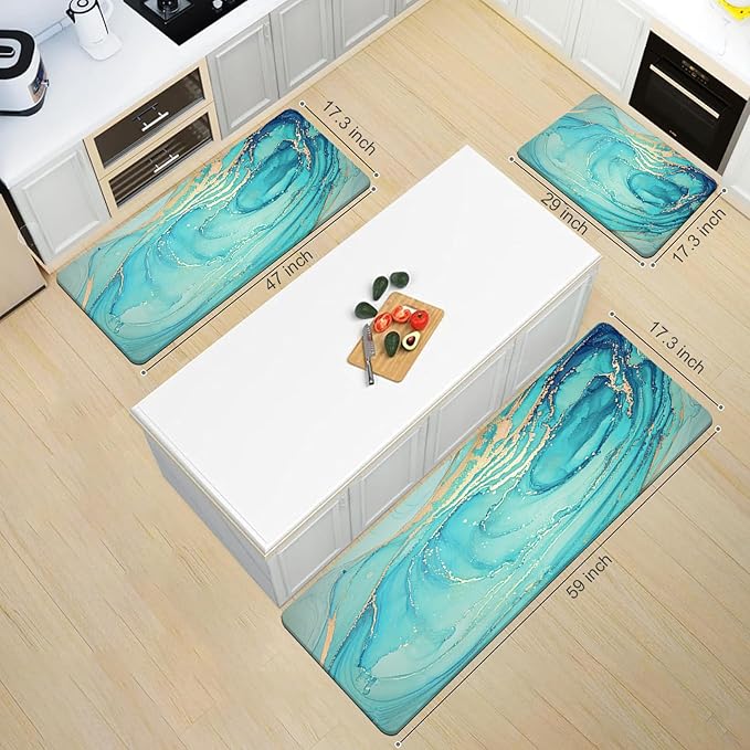 MAYHMYO Kitchen Rugs and Mats Set of 2 Teal Marble Gold Anti Fatigue Mat PVC Non Slip Turquoise Foam Cushioned Kitchen Mats for Floor,17.3 x 29 x 0.4 inch + 17.3 x 59 x 0.4 inch